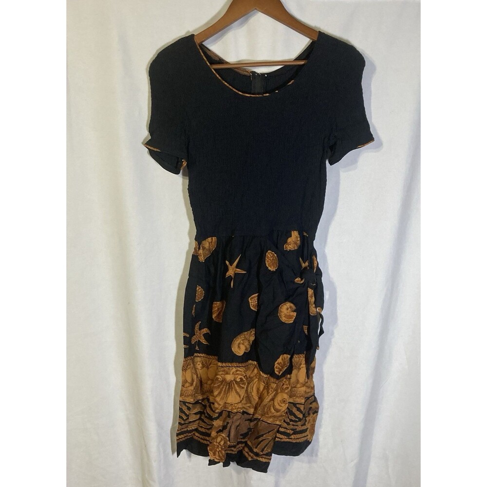 JEFFREY & DARA black gold sea shells smocked faux wrap rayon lycra dress 10P